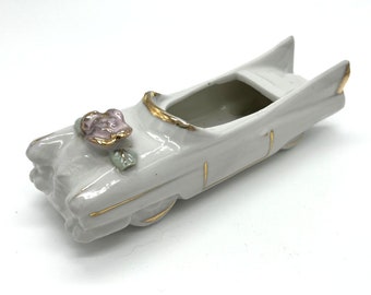 Vintage Bone China Convertible Caddy Car rose on hood & gold trim Marked Japan ~ as-is