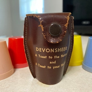 Vintage plastic stacking shot glass jigger cups & leather case ~ Devonsheer promotional souvenir