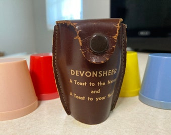 Vintage plastic stacking shot glass jigger cups & leather case ~ Devonsheer promotional souvenir