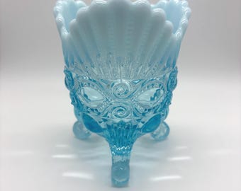 Mosser Aqua Blue Glass 3 Footed Eyewinker Eye Winker Pattern Spooner Vase