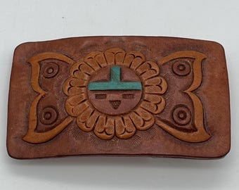 Vintage Zuni Tooled Leather Belt Buckle: Native American Sun Face