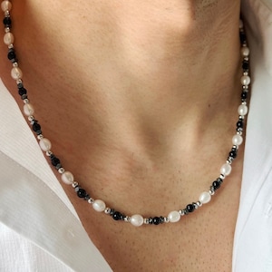 Mens Pearl Necklace with Black Onyx, Pearl Necklace Men, Real Pearl Necklace for Men, Gifts for Men, Birthday Gift for Him, y2k Jewelry