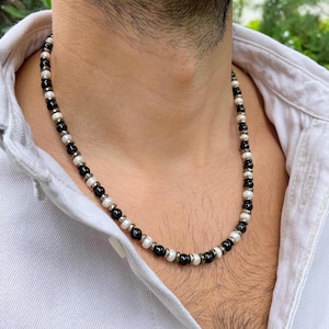Mens Pearl Necklace, Black Tourmaline Necklace, Summer Jewelry, Pearl Necklace Men, Real Pearl Necklace for Men, Gifts for Men, Birthday
