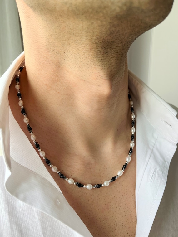 goen ネックレス　onyx black pearl chain Mens Pearl Necklace With Black Onyx, Pearl Necklace Men, Real