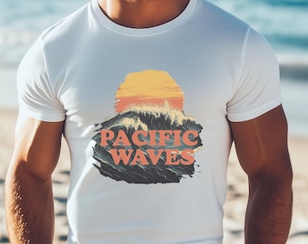 Camiseta retro de surf de California con olas del Pacífico, camiseta de surf vintage con puesta de sol, estilo playero, regalo para amantes del surf, regalo para él, camiseta de surf para hombre