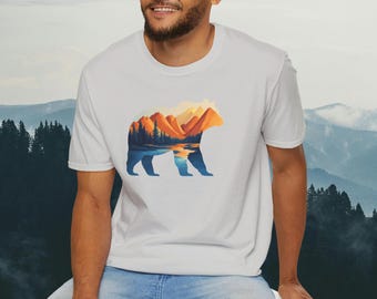 Mountain Bear Graphic T-Shirt - Scenic Sunset Landscape with Forest and Lake - Outdoor Adventure Wildlife Nature Tee