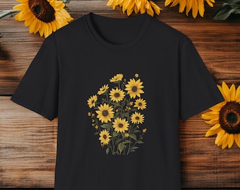 Sunflower Wildflower Graphic T-Shirt - Floral Nature Lovers Tee, Botanical Design Shirt for Women, Botanical Gift