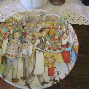 Vintage Porcelain Plate of People and Waiters Designed by Brunelli Made in Italy