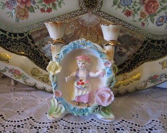 Beautiful Porcelain Double Candle Holder Oh so Shabby Chic Lady in a frame and flowers Ucagco Ceramics Japan