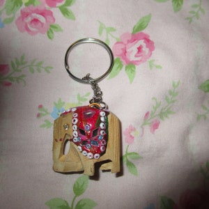 Vintage Wooden Hand Carved Elephant Key Ring