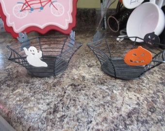 Vintage set of 2 metal Halloween Spider Web Bowls Pumpkin and Ghost