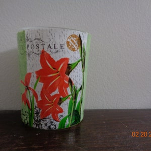 Vintage Teal Small Candle Holder Red flowers