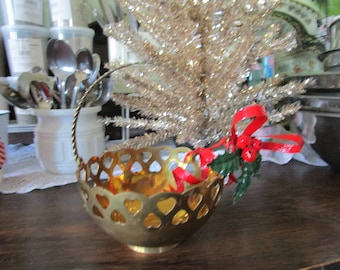 Vintage Round Brass Basket Bowl with handle Heart Hearts cut out around it