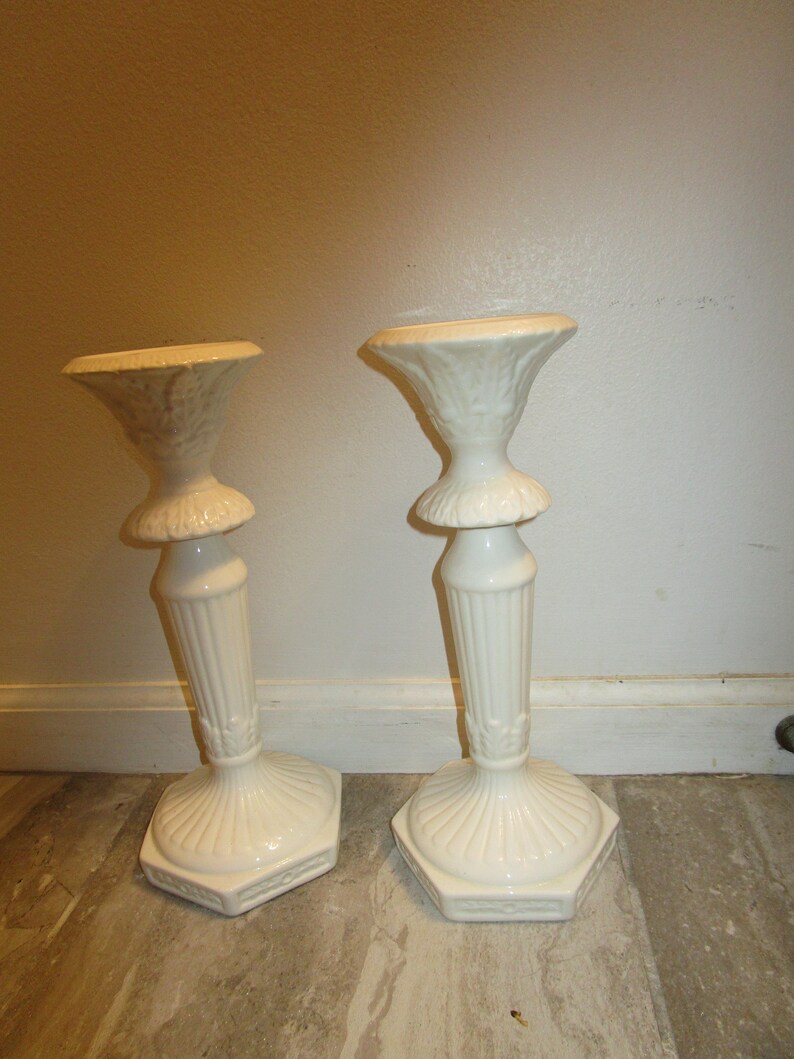 Shabby Chic White Porcelain 2 Tall Candle Holders