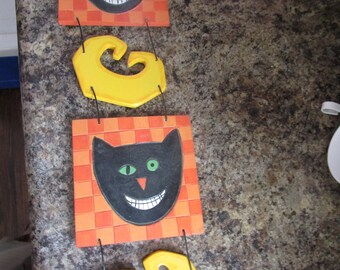 Vintage Wooden Wall Decoration for Halloween Scary Black Cats