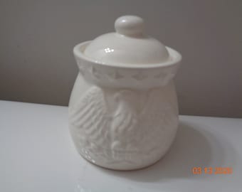 Vintage Eddie Bauer White Porcelain Jar with Lid American Eagle on front