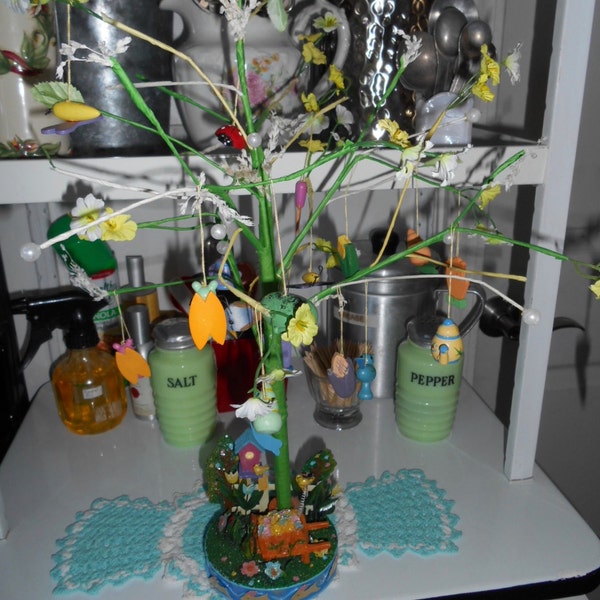 Vintage Spring Easter Tree with Ornaments hanging from it Table Decoration