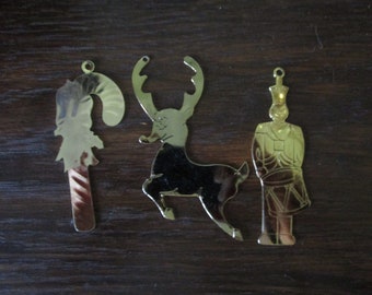 Lot of 3 Vintage Gold Brass Christmas Ornaments Reindeer Candy Cane Soldier