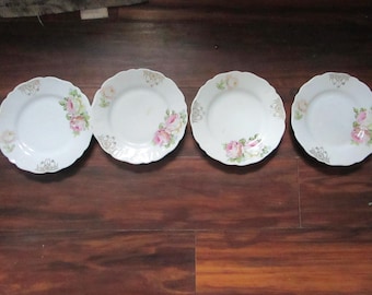 Vintage Set of 4 Shabby Chic Looking Porcelain Plates Pink and Yellow Roses PRKM Made in Germany