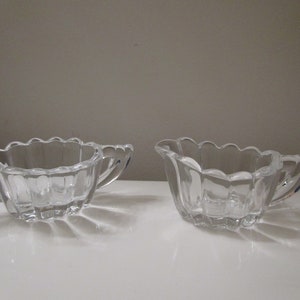 Mid Century Clear Glass Small Creamer and Double Handle Sugar Bowl Set