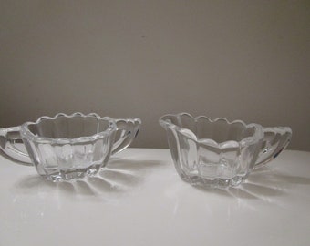 Mid Century Clear Glass Small Creamer and Double Handle Sugar Bowl Set