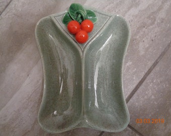 Mid Century Green Pottery Divided Dish with Red Cherries on top Jan's of California