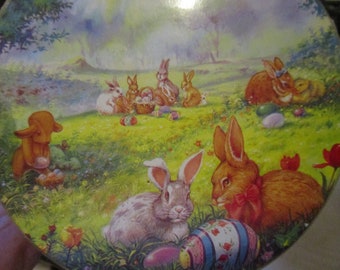 Vintage Easter Round Cardboard Box Bunny Rabbits on it Rainbow in the sky