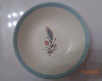 Mid Century Pottery Small Bowl White and light blue with wheat and flowers picture in middle