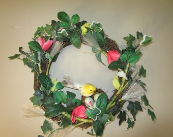 Vintage Pretty Easter Spring Wreath Bird and Bird Nest with Eggs