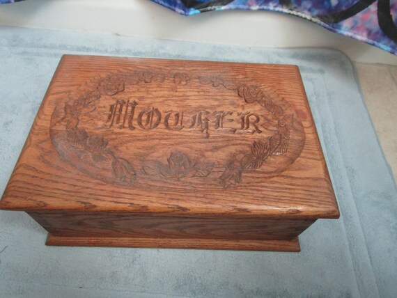 1992 Oak Wood Large MOTHER engraved Jewelry Box - image 1
