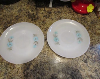 Mid Century Set of 2 Blue Bonnie Bachelors Button Fire King Saucers
