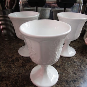 Mid Century Lot of 3 White Milk Glass Goblets with Grapes and Leaves Decoration