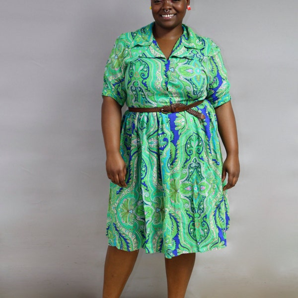 Vintage Plus Size Dress // Paisley Day Dress // Blue & Green Psychedelic Print // XL XXL Dress