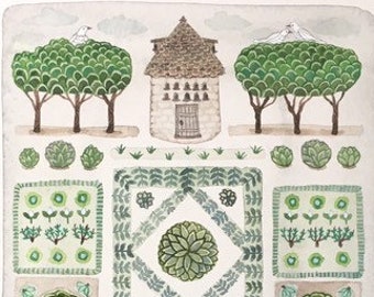 Spring Garden, Dovecote, original watercolor painting, botanical painting, parterre garden