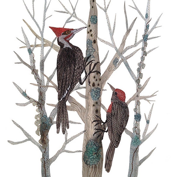 Woodpeckers woodland bird art large original watercolor painting