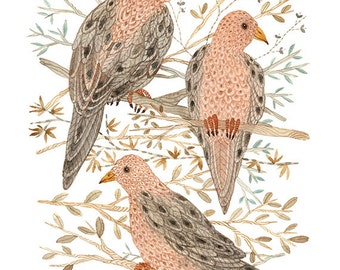 LARGE Mourning Doves Print,  woodland wall art, bird illustration, giclee watercolor print