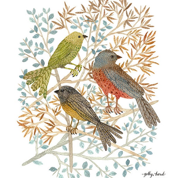 Songbirds Print, bird art, giclee print, woodland watercolor art print