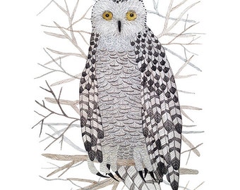 Snowy Owl Print, bird art, owl illustration, forest birds, giclee art print, watercolor print, winter bird art, watercolour