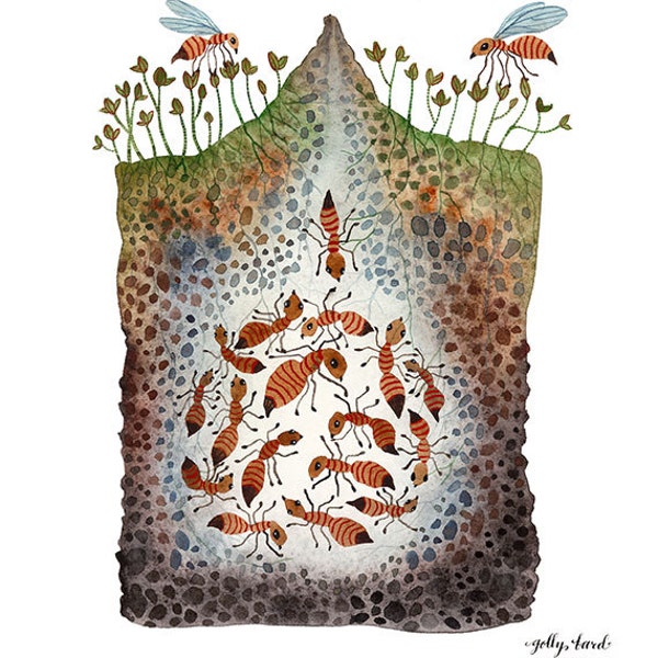 Ant Colony Print, giclee art print, reproduction watercolor, insects in nature, ant hill illustration