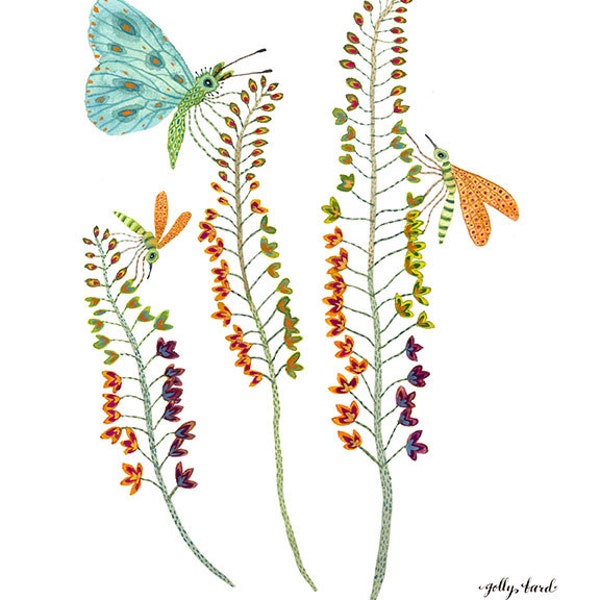 Foxtail Lilies Print, botanicals, butterflies art print, giclee, flowers, lily botanical
