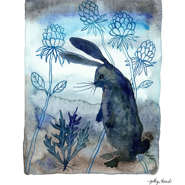 Midnight in the Garden Print, bunny rabbit, wild hare giclee art print, indigo blue watercolor