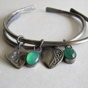 Heavy Silver Charm Cuff Bracelets - Shamrock and Green Onyx - Green Onyx and Heart - Hammered Silver Cuff - St. Patrick&#39;s Day Jewelry