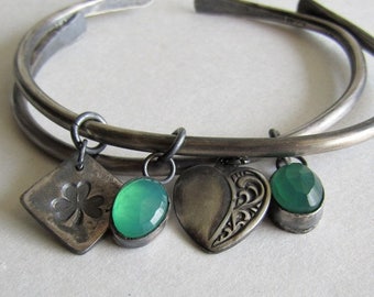 Heavy Silver Charm Cuff Bracelets - Shamrock and Green Onyx - Green Onyx and Heart - Hammered Silver Cuff - St. Patrick's Day Jewelry