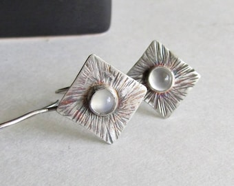 Moonstone Earrings with Textured Sunburst Pattern - 25th Anniversary - Birthday Gift - Textured Silver Earrings