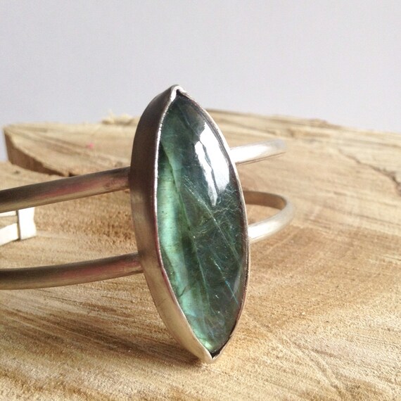 Sterling Silver Cuff Bracelet Labradorite Double Band Cuff Bracelet 25th Anniversary Gift Birthday Gift