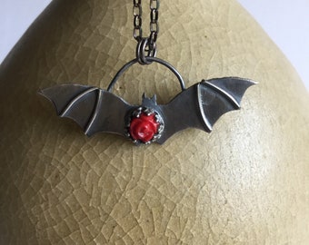 Bat Necklace with Red Rose - Halloween Jewelry