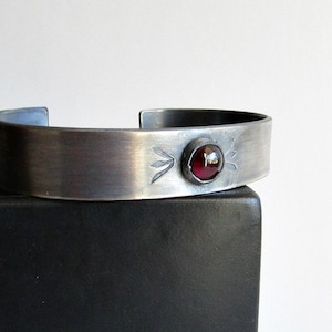 Hand Stamped Garnet Sterling Silver Cuff Bracelet - January Birthstone