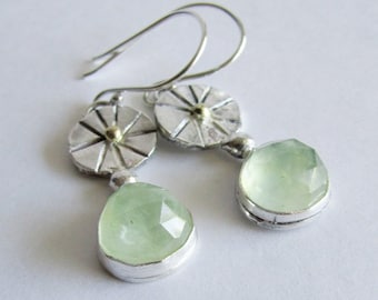 Prehnite Earrings - Mixed Metals Earrings - Sterling Silver and 14K Gold - Sea Green Stone Earrings - Anniversary Gift
