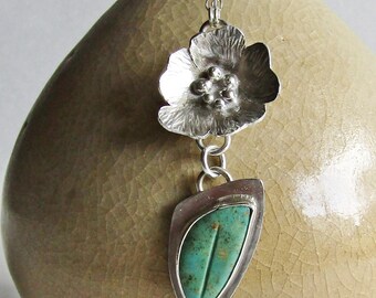 Turquoise Leaf and Silver Flower Necklace - Carved Turquoise - Sterling Silver Flower -