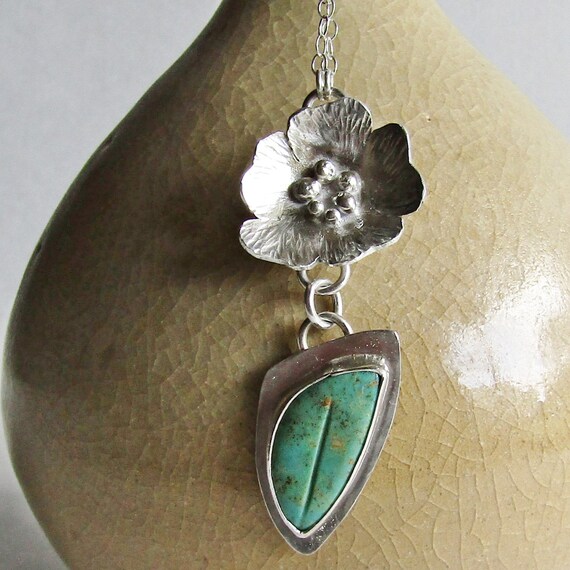 Turquoise Stamped Flower Pendant Sterling Silver Boho Ginkgo Leaf Charm